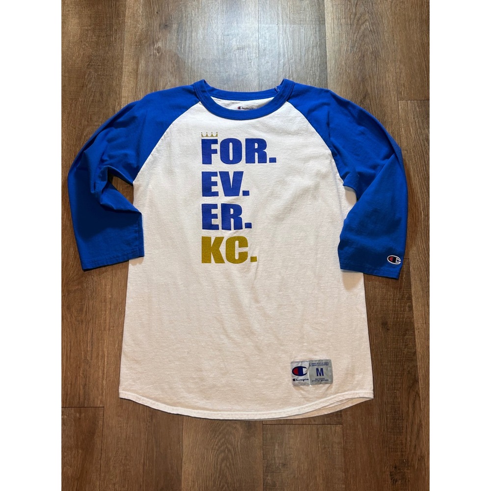 Champion Kansas City FOR. EV. ER. KC. Raglan Baseball Tee Blue White Medium
